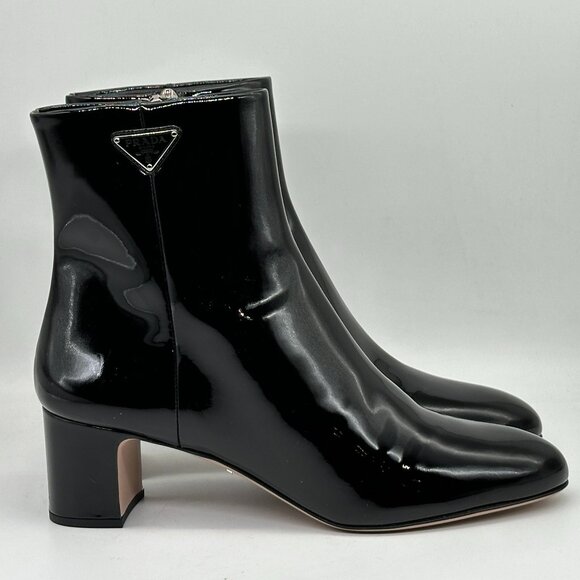 PRADA Triangle Logo Patent Leather Block Heel Ankle Booties Boots Shoes - Picture 6 of 16